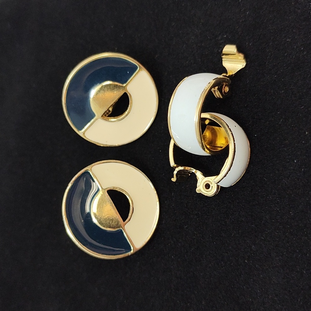 Vintage MONET Gold tone Enamel Clip-on Earrings 2 Pair Lot Bundle